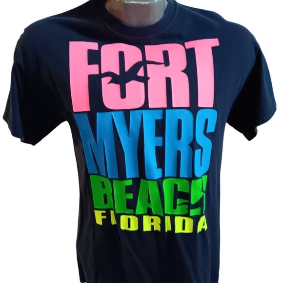 Medium Vintage Fort Myers T-shirt Beach Florida Gildan Cotton Neon Graphics Y2K - Picture 1 of 4